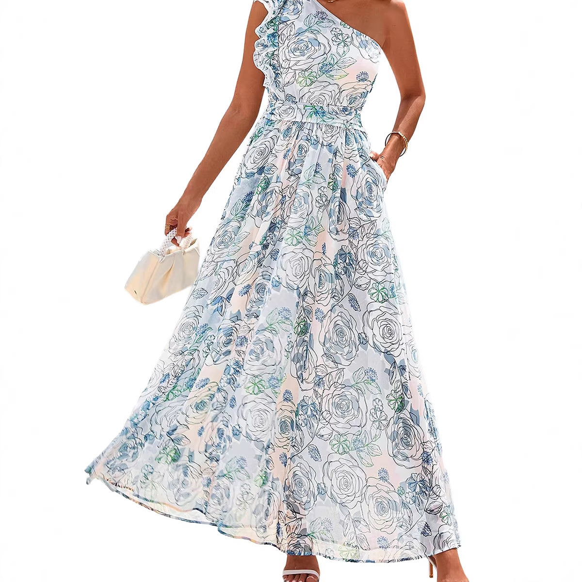 IM23 One-Shoulder Maxi Dress | Blumenmuster, A-Linie, High Waist – S–XL
