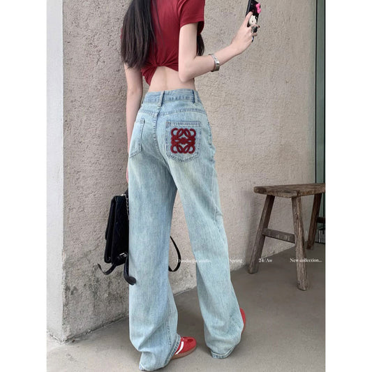 Premium Bestickte Jeans Damen – High-Waist Straight Leg Wide Leg Bodenlange Hose - Sportswear Iron Monkey 23