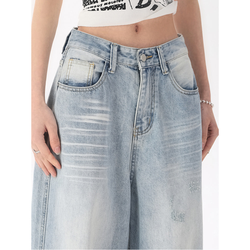 Damen-Jeans eprolo Premium Washed Denim, High-Waist, weite Passform mit Bleached-Effekt, modische Denim-Hose