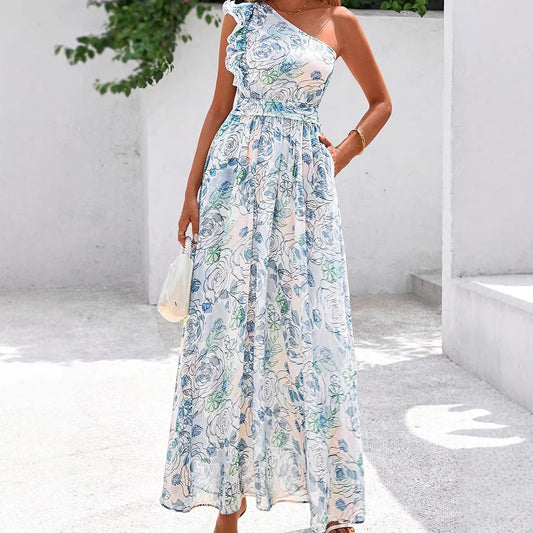 IM23 One-Shoulder Maxi Dress | Blumenmuster, A-Linie, High Waist – S–XL