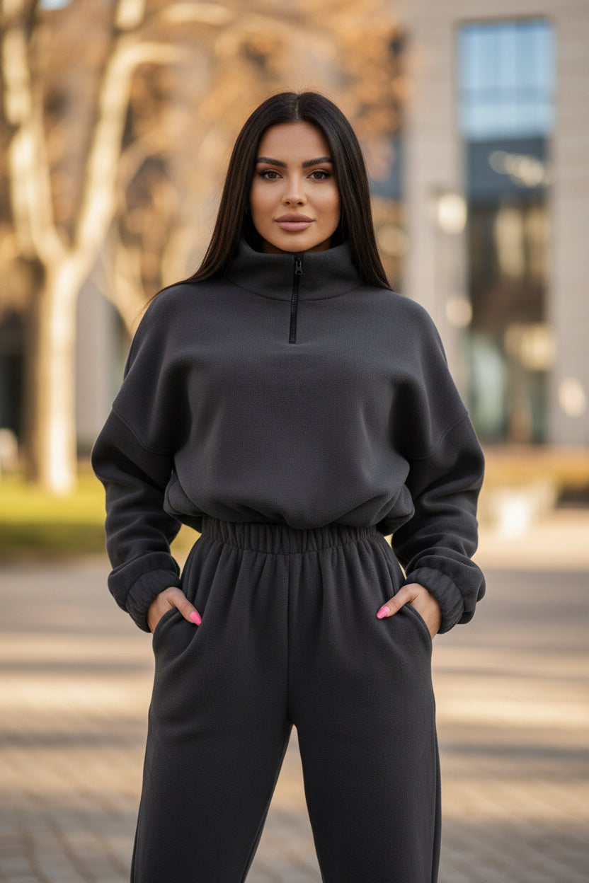 Damen Hose aus dem eprolo Hoodie-Set mit Stehkragen, lockerer Passform und Reißverschluss-Kapuzenpullover, bequem und stilvoll
