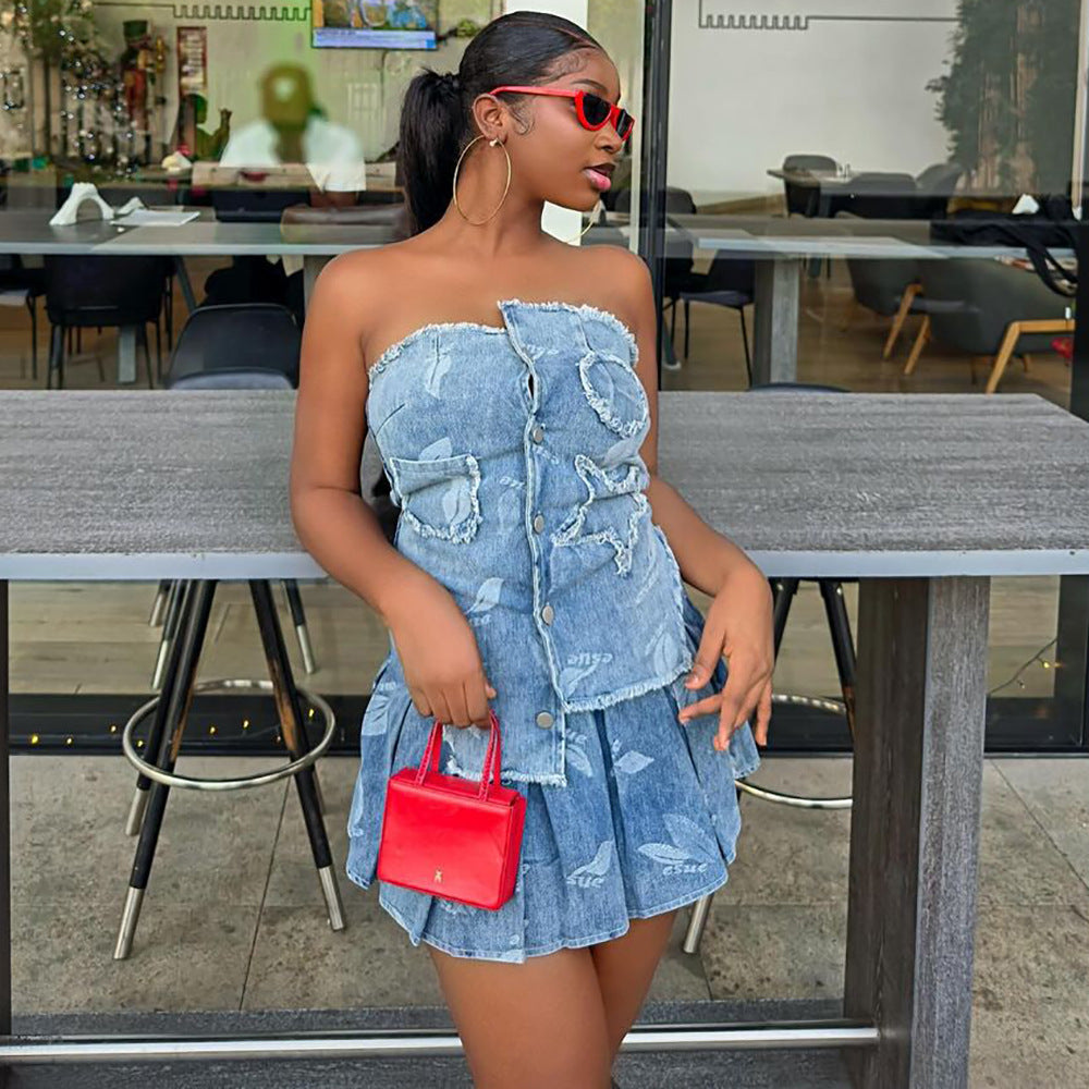 IM23 Denim Set | Trägerloses Top & Faltenrock – Street Style, Blau, S–XXL