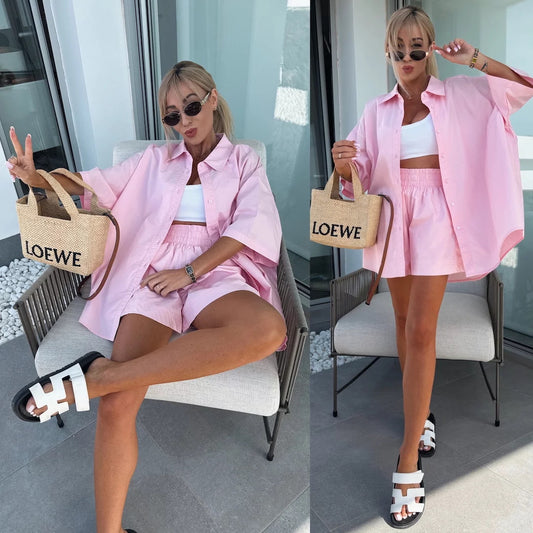 Premium Casual Set Damen 2-teilig – Solid Color Kurzarm Shirt & Elastische Sport-Shorts - Sportswear Iron Monkey 23