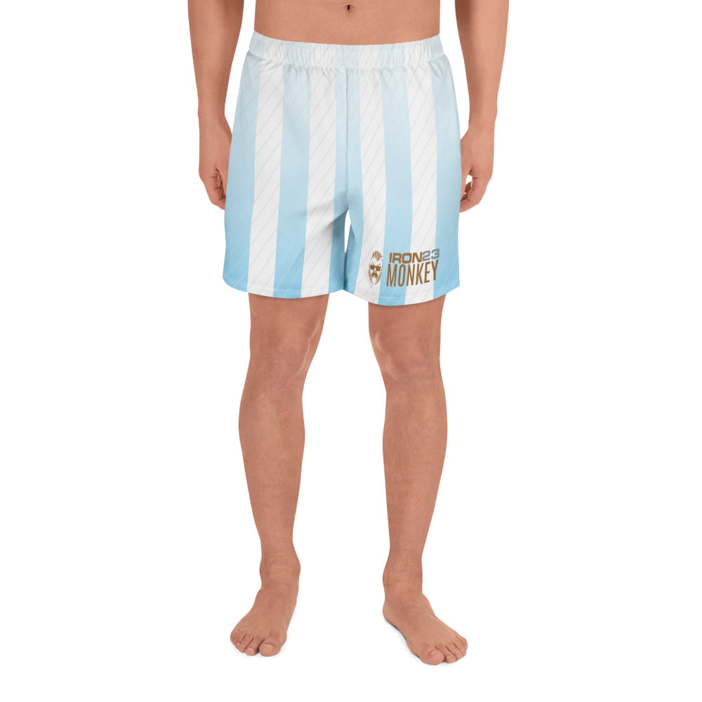 Recycelte Unisex Sport-Shorts von Sportswear Iron Monkey 23 mit All-Over-Print, sportliche Shorts für Damen und Herren, weiß.