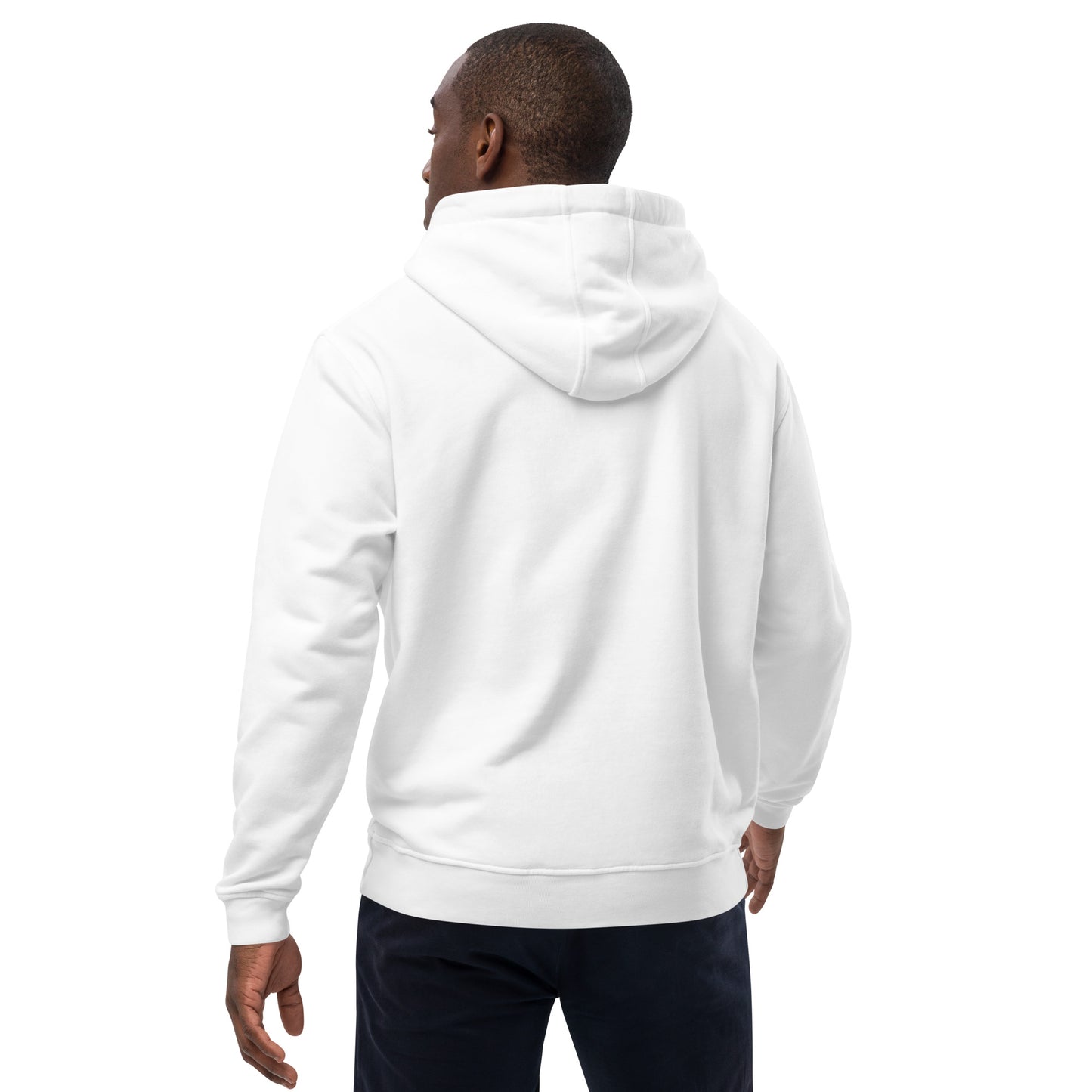Hochwertiger Bio-Kapuzenpullover von Sportswear Iron Monkey 23, weiß, aus 85% Bio-Baumwolle und recyceltem Fleece, Rückenansicht