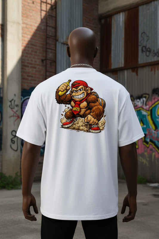 Unisex Bio-T-Shirt von Sportswear Iron Monkey, oversized, weiß, aus 100% Bio-Baumwolle mit weitem Kragen, Rückenansicht.