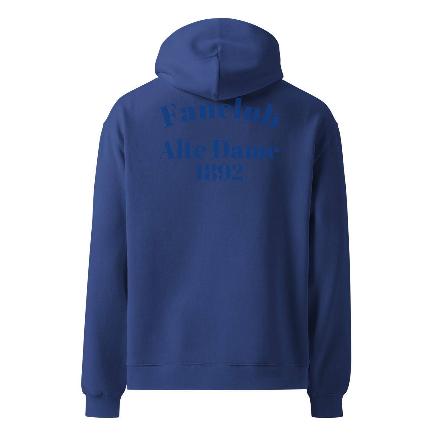 Unisex Oversized-Hoodie von Sportswear Iron Monkey 23 in Kobaltblau mit Fanclub Alte Dame 1892 Aufdruck, Rückenansicht