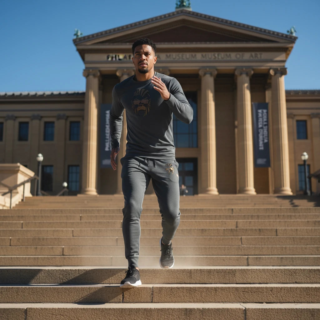 Unisex Jogginghose aus Bio-Baumwolle mit Printmuster, Sportswear Iron Monkey 23, bequem und umweltfreundlich, auf weißem Hintergrund.