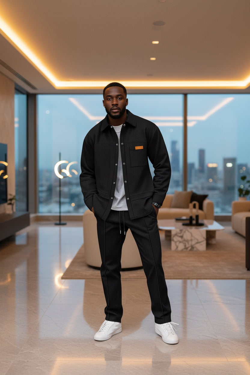 Herren Casual-Set mit langer Jacke mit Kragen und passenden Hosen, eprolo, stilvoll und bequem für den Alltag