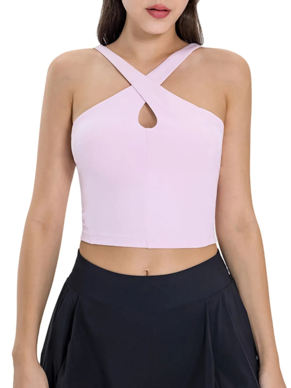 Premium Crisscross Active Cami Damen, griechischer Hals, Kreuzdesign, Fitness-Top von eprolo auf weißem Hintergrund.
