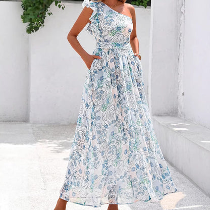 IM23 One-Shoulder Maxi Dress | Blumenmuster, A-Linie, High Waist – S–XL