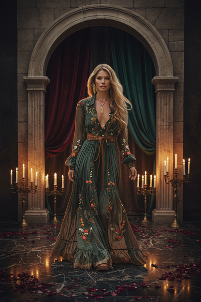 IM23 Printed Maxi Dress | Hemdkragen, Langarm, Suede Velvet – Green, S–XXXL