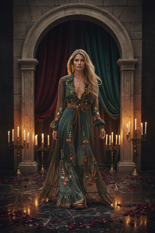 IM23 Printed Maxi Dress | Hemdkragen, Langarm, Suede Velvet – Green, S–XXXL