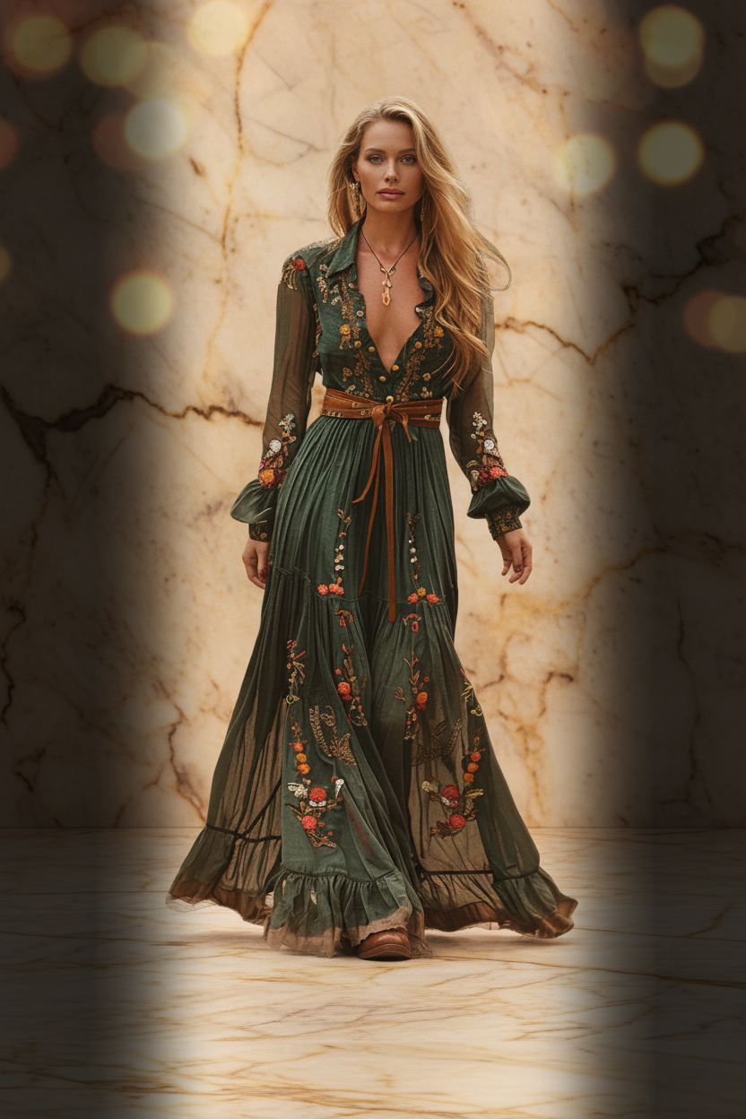 IM23 Printed Maxi Dress | Hemdkragen, Langarm, Suede Velvet – Green, S–XXXL