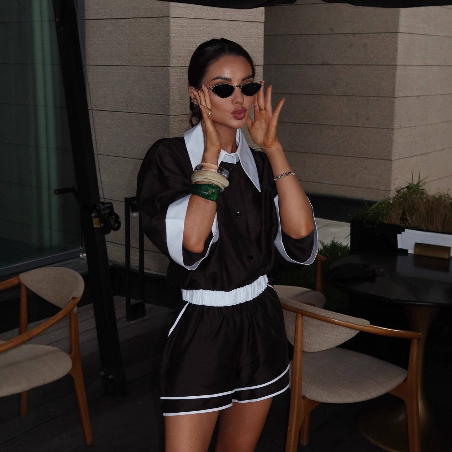 Premium Turn-Down Collar Set Damen 2-teilig – Kurzarm Hemd & Hose Casual Versatile - Sportswear Iron Monkey 23