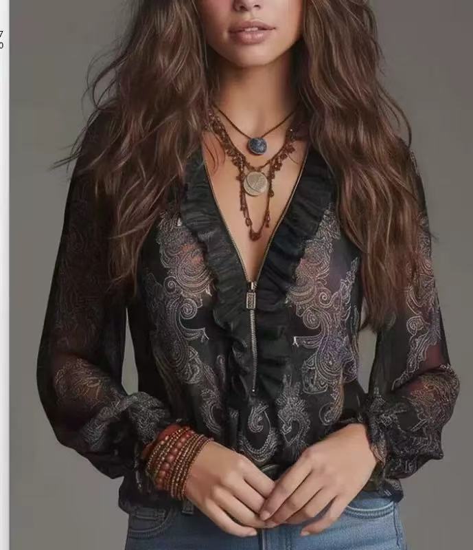 IM23 Deep V-Neck Bluse | Langarm, Loose Fit, Splicing-Detail – 5 Farben, XS–XXXL