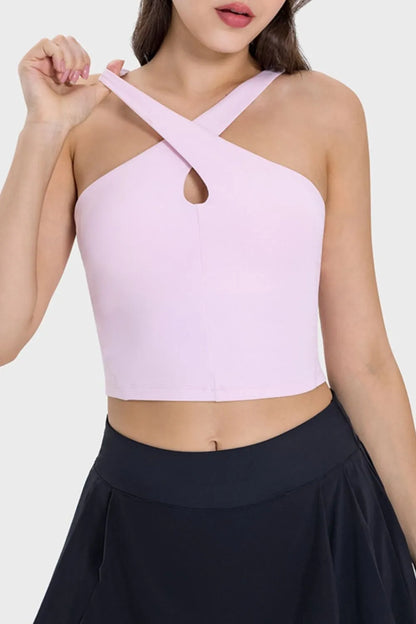 Damen-Top eprolo Premium Crisscross Active Cami mit griechischem Nacken und Kreuzdesign, ideal für Fitness und Sport.