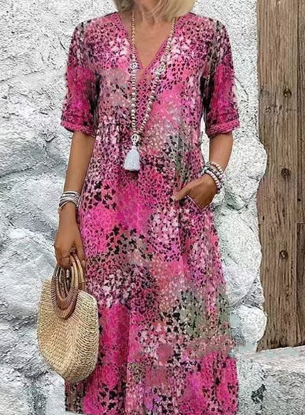 IM23 Lace Trim Maxi Dress | V-Neck, Kurzarm, Taschen & Spitzenbesatz – 5 Farben, S–XXXL