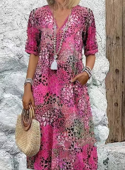 IM23 Lace Trim Maxi Dress | V-Neck, Kurzarm, Taschen & Spitzenbesatz – 5 Farben, S–XXXL