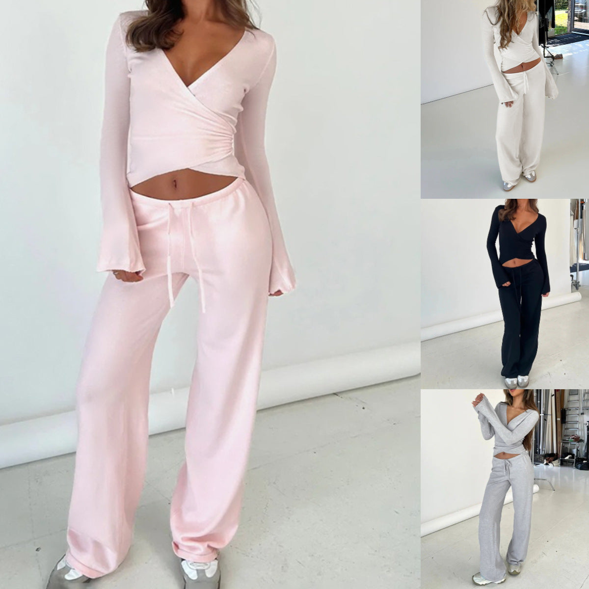 Damen Sport-Set mit V-Ausschnitt, langärmeligem Top und geraden Hosen mit Kordelzug, eprolo, bequeme Fitnessbekleidung