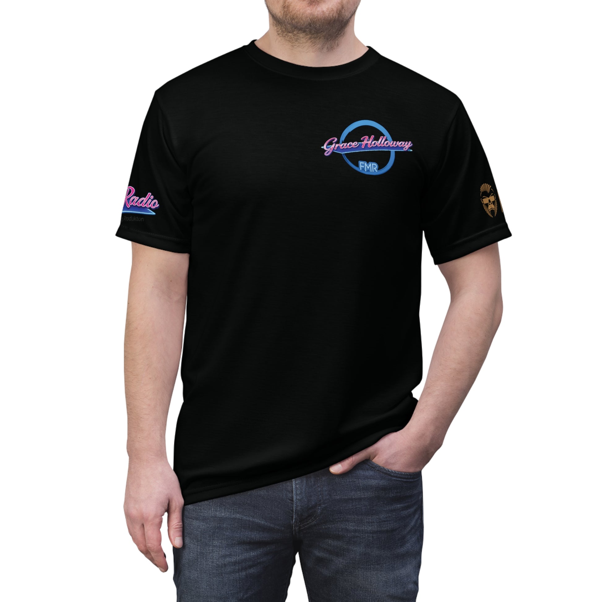 Unisex T-Shirt von Printify mit "Grace Holloway Team Funmusik" Design, aus Polyester, bequemes Cut & Sew Shirt, modernes Streetwear-Design