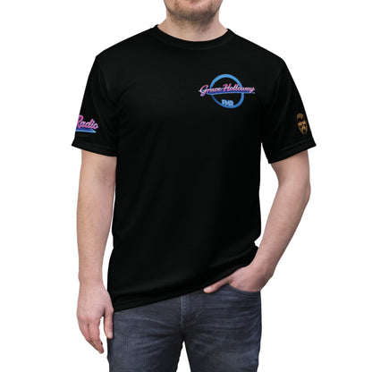 Unisex T-Shirt von Printify mit "Grace Holloway Team Funmusik" Design, aus Polyester, bequemes Cut & Sew Shirt, modernes Streetwear-Design