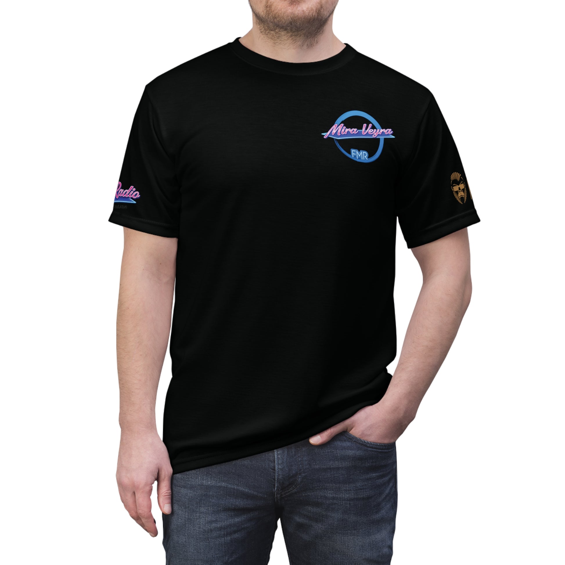 Unisex T-Shirt von Printify mit Mira Veyra Team Funmusik Radio Design, aus Polyester, bequemes Shirt für Freizeit und Alltag