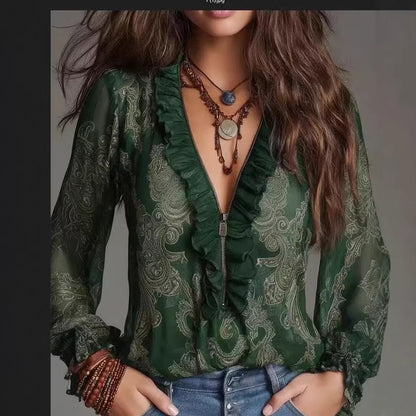 IM23 Deep V-Neck Bluse | Langarm, Loose Fit, Splicing-Detail – 5 Farben, XS–XXXL