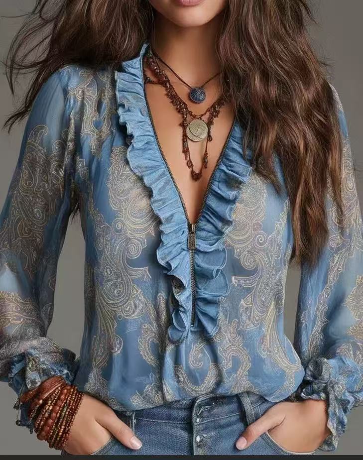 IM23 Deep V-Neck Bluse | Langarm, Loose Fit, Splicing-Detail – 5 Farben, XS–XXXL