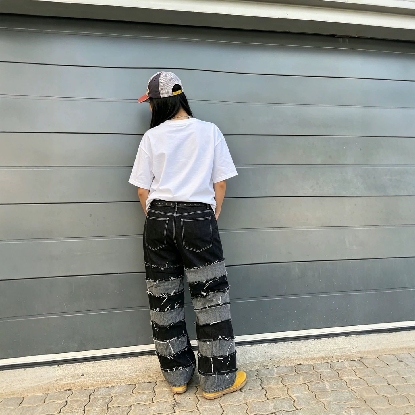 IM23 Patchwork Denim Pants | Deconstructed, Raw Hem, Straight Fit – Black, S–3XL