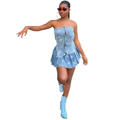 IM23 Denim Set | Trägerloses Top & Faltenrock – Street Style, Blau, S–XXL