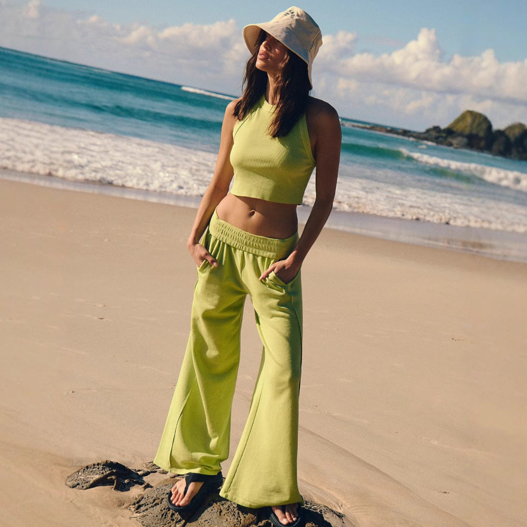 Premium Shaping Damen Set mit einfarbiger Kurzarm-Hose und weiten Beinen, hohe Elastizität und Rippstrick-Design von eprolo