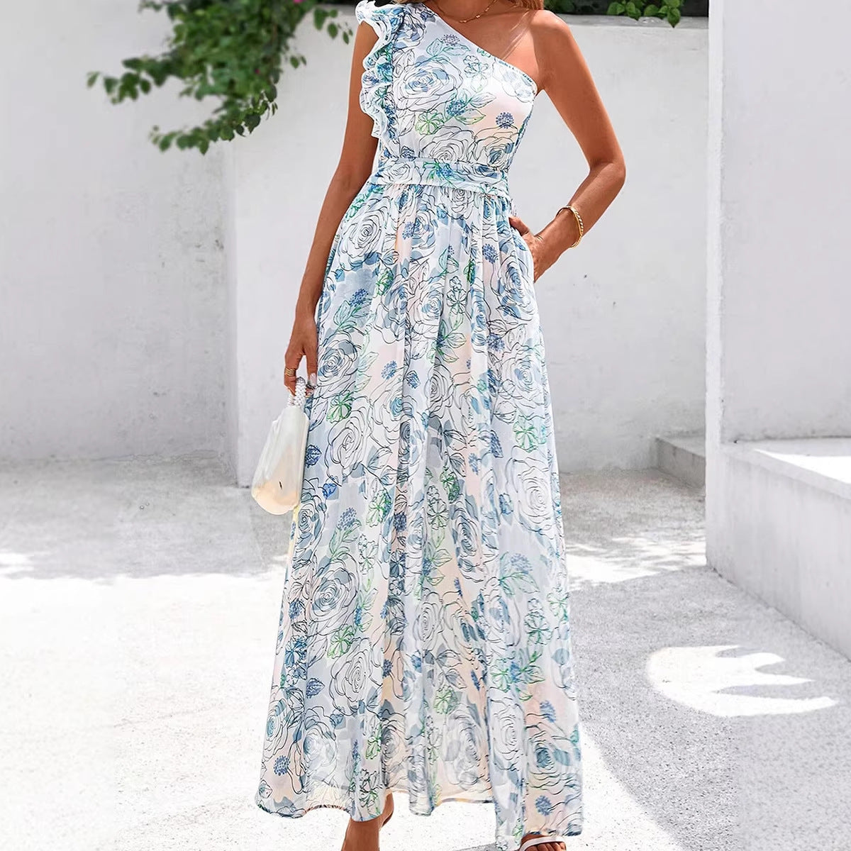 IM23 One-Shoulder Maxi Dress | Blumenmuster, A-Linie, High Waist – S–XL