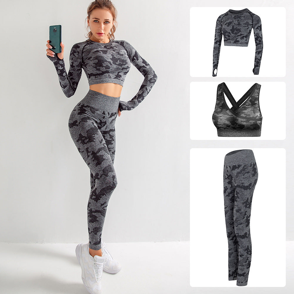 Damen 3-teiliges eprolo Camouflage Sport-Set mit BH, Leggings und Langarm-Top, sportliche Fitnessbekleidung, Hosen inklusive
