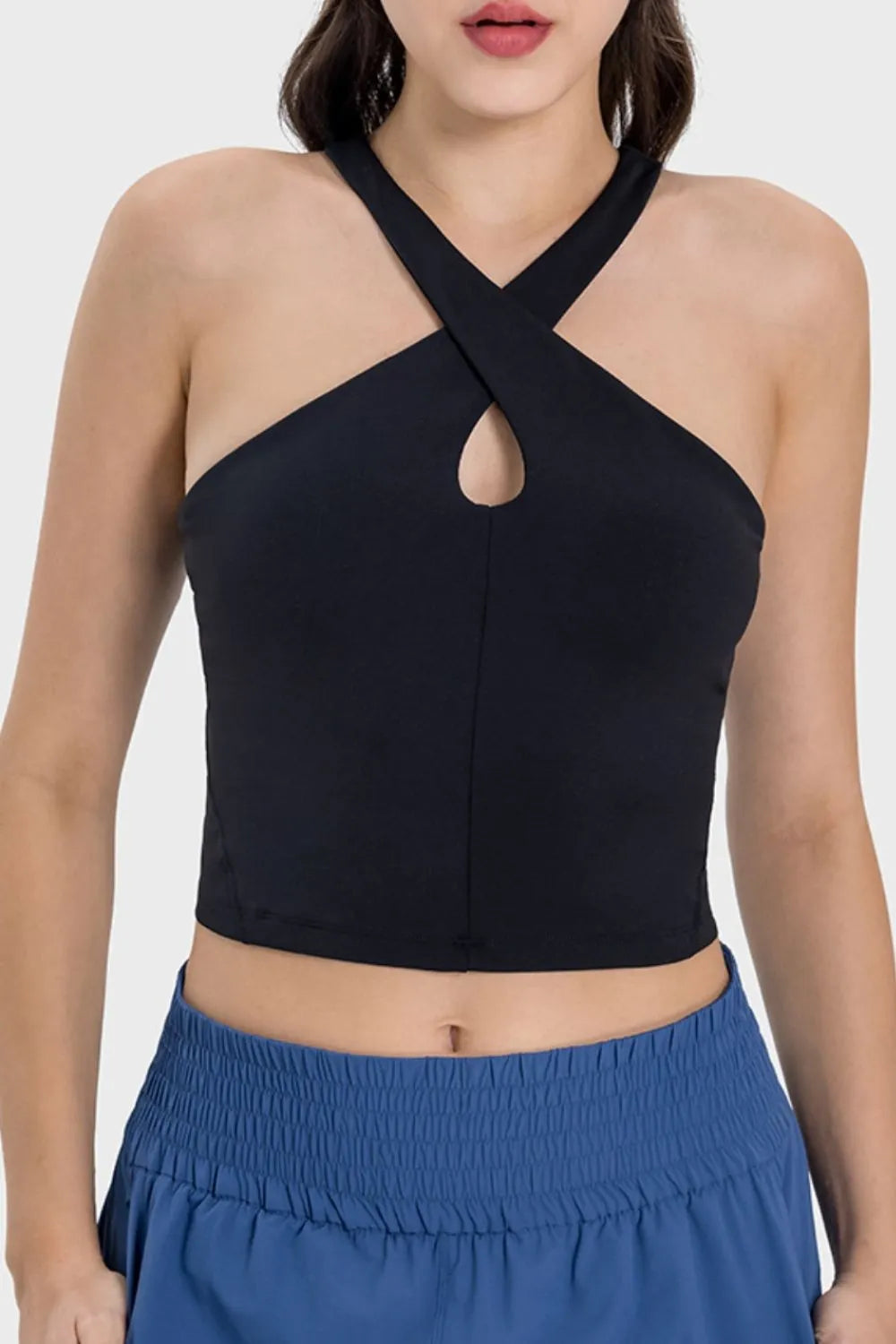 Damen-Top eprolo Premium Crisscross Active Cami mit griechischem Nacken und Kreuzdesign, fitnessorientiertes Oberteil in Schwarz