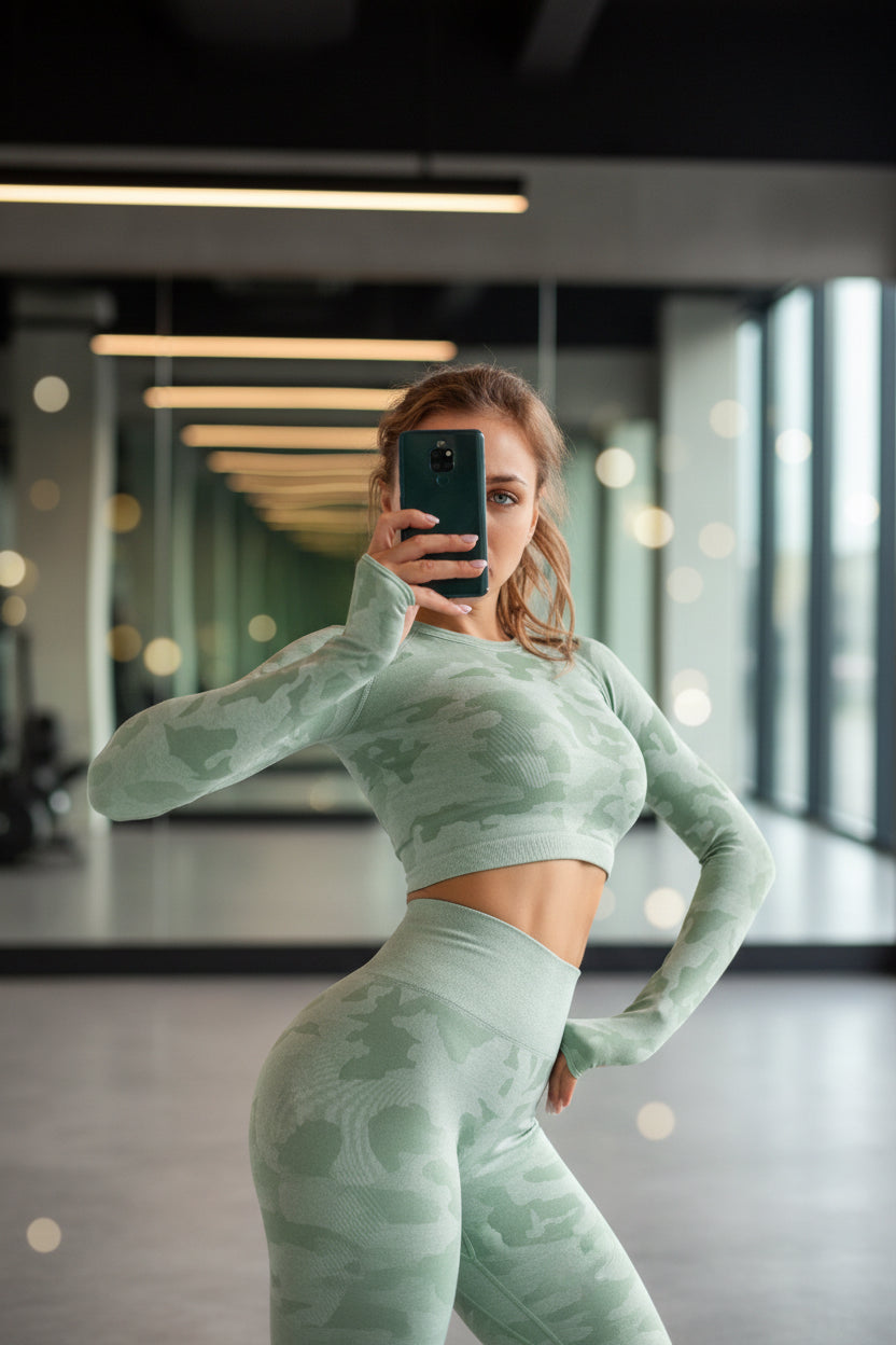 Damen 3-teiliges Camouflage Sport-Set von eprolo mit BH, Leggings und Langarm-Top, ideal für Fitness und Freizeit.