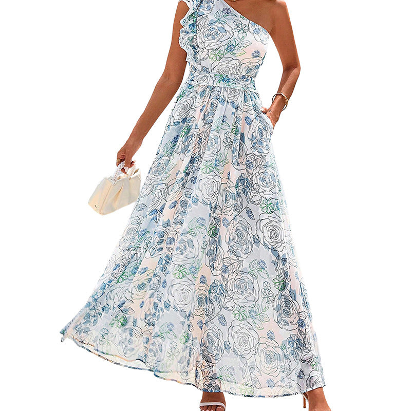 IM23 One-Shoulder Maxi Dress | Blumenmuster, A-Linie, High Waist – S–XL