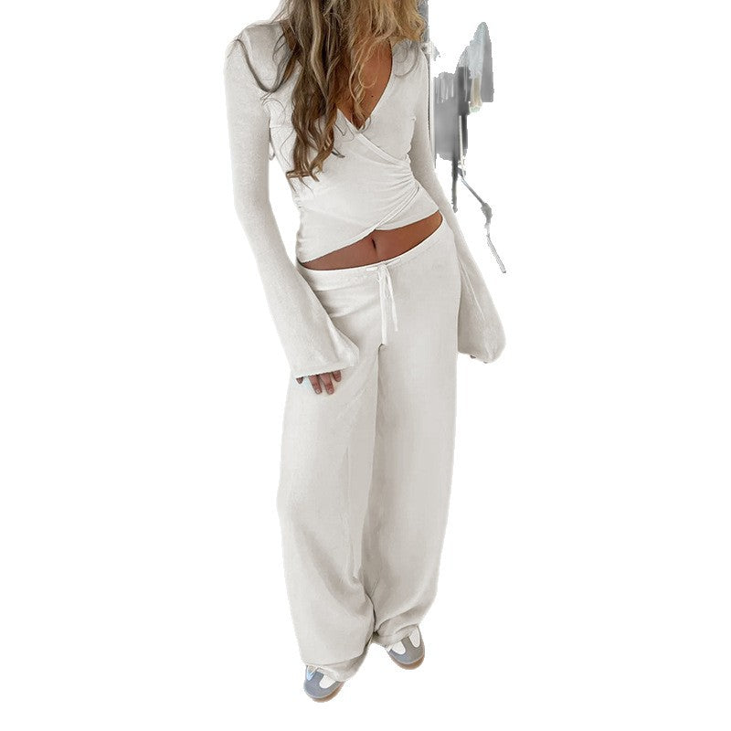 Damen-Sport-Set von eprolo mit V-Ausschnitt, langarm Top und gerade Hose mit Kordelzug, bequemes Fitness-Outfit