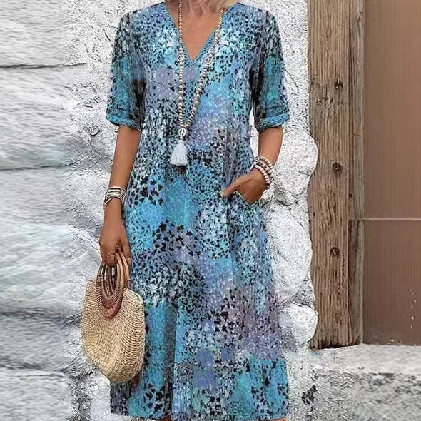 IM23 Lace Trim Maxi Dress | V-Neck, Kurzarm, Taschen & Spitzenbesatz – 5 Farben, S–XXXL