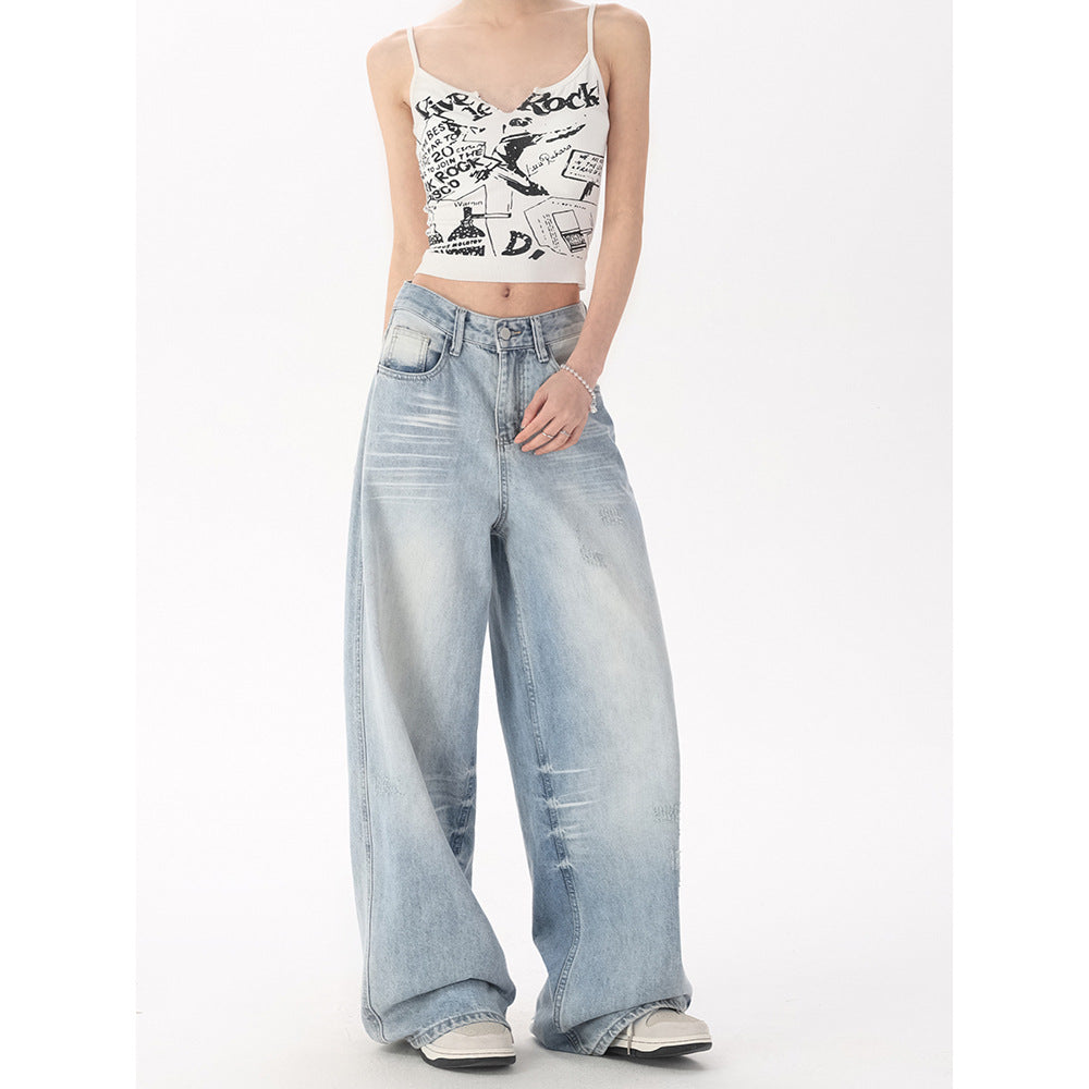 Damen Premium Washed Denim Hose von eprolo, High-Waist, weite Passform mit Bleached-Effekt, modische Jeans für Damen