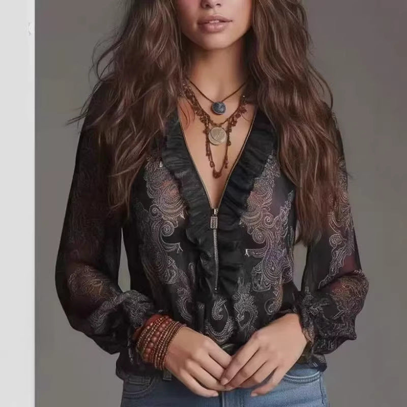 IM23 Deep V-Neck Bluse | Langarm, Loose Fit, Splicing-Detail – 5 Farben, XS–XXXL