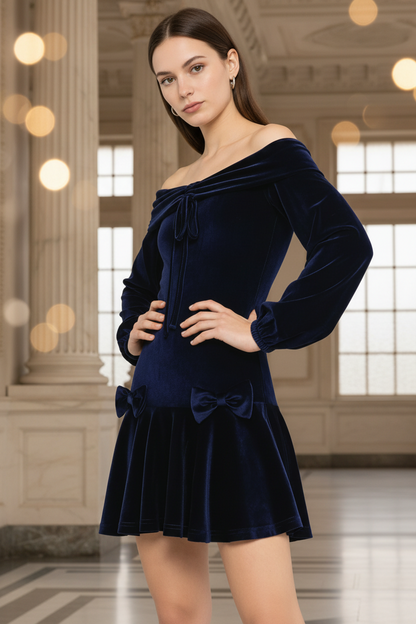 IM23 Velvet Dress | Off-Shoulder, Laternenärmel, Schleife – Dark Blue, S–XL