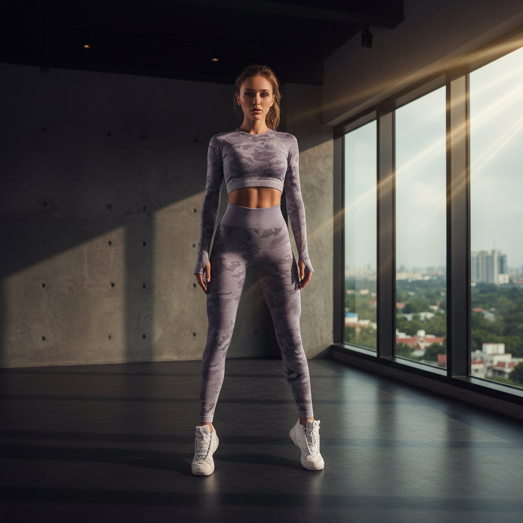 Damen 3-teiliges Camouflage Sport-Set von eprolo, BH, Leggings und Langarm-Top, bequem und stylisch für das Training.