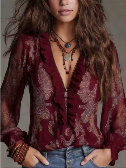 IM23 Deep V-Neck Bluse | Langarm, Loose Fit, Splicing-Detail – 5 Farben, XS–XXXL
