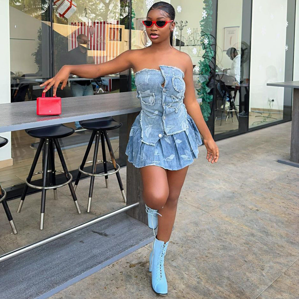 IM23 Denim Set | Trägerloses Top & Faltenrock – Street Style, Blau, S–XXL