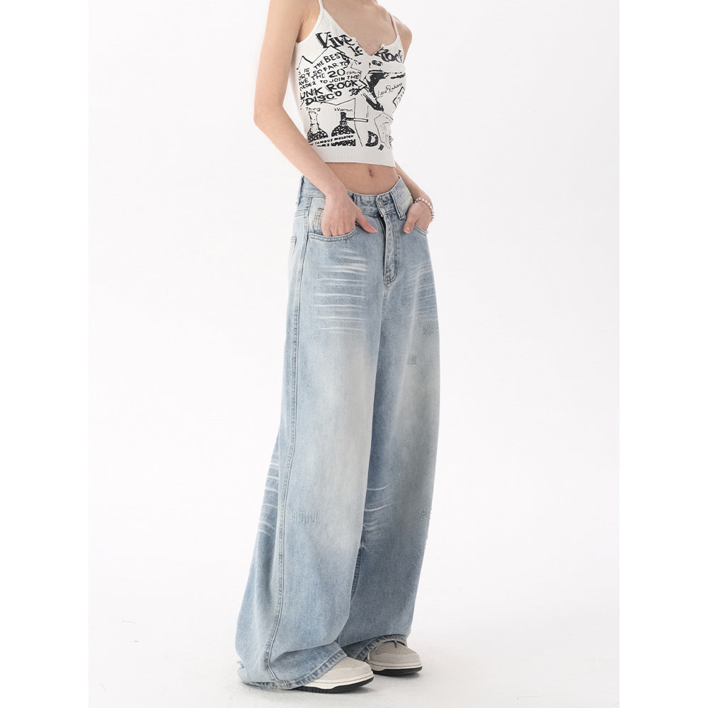 Eprolo Damen Premium Washed Denim Hose mit High-Waist, weitem Bein und Bleached-Effekt, auf einem modellierten Hintergrund.