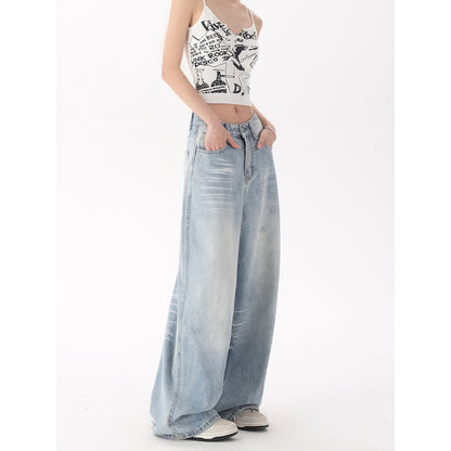 Eprolo Damen Premium Washed Denim Hose mit High-Waist, weitem Bein und Bleached-Effekt, auf einem modellierten Hintergrund.