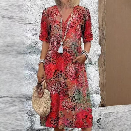 IM23 Lace Trim Maxi Dress | V-Neck, Kurzarm, Taschen & Spitzenbesatz – 5 Farben, S–XXXL