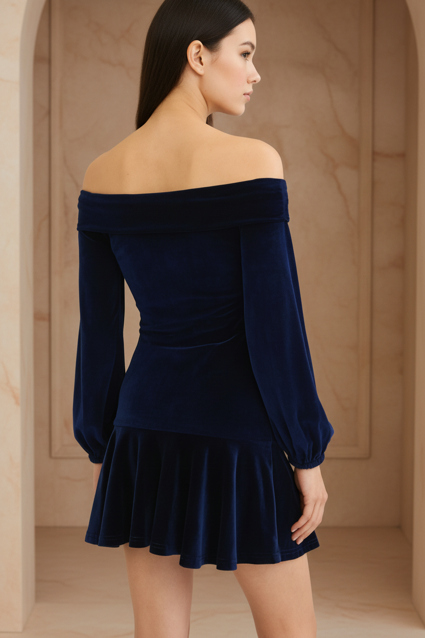 IM23 Velvet Dress | Off-Shoulder, Laternenärmel, Schleife – Dark Blue, S–XL