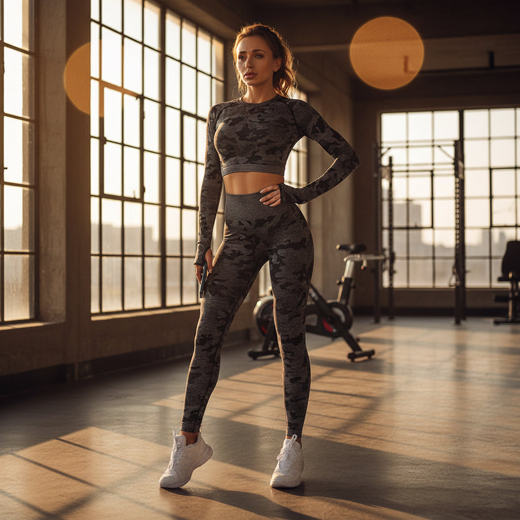 Damen 3-teiliges Camouflage Sport-Set von eprolo mit BH, Leggings und Langarm-Top, ideal für Fitness und Freizeit